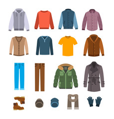 Warm clothes for men. Winter collection of modern male casual outfit. Vector flat illustration. Fashion style icons. Cold season garments. Wardrobe graphic elements
