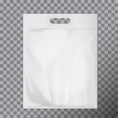 Empty white blank plastic bag mock up isolated. Consumer pack ready for logo design or identity presentation. Commercial product food packet handle