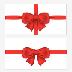 Set of horizontal gift cards with luxury red bows. Decorative gift bows with satin ribbons for wrapping, invitation