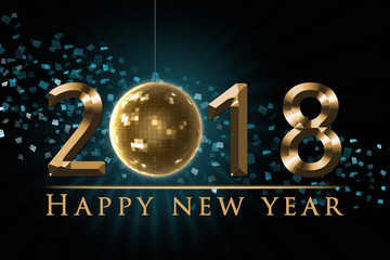 2018 New Year illustration, New Year's eve card with golden 2018, disco ball, globe, colorful party confetti and golden Happy New Year text on black background 