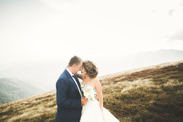 Fototapeta na wymiar Happy beautiful wedding couple bride and groom at wedding day outdoors on the mountains rock. Happy marriage couple outdoors on nature, soft sunny lights