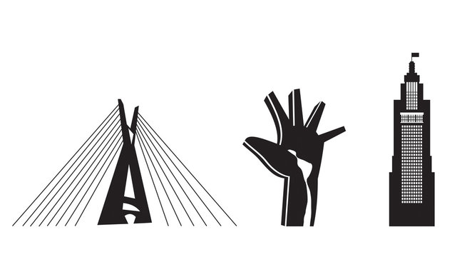 Três ícones da cidade de São Paulo: Ponte Otávio Frias - Ponte Estaiada; Mão do Memorial da América Latina e Edifício Altino Arantes