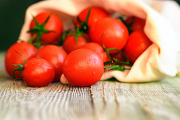 Red ripe tomatoes spill out of sack. Rustic view