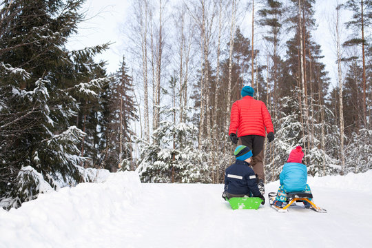 Rear view of man pulling two sons on toboggans through snow covered forest