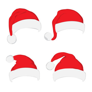 Santa hat set on white background. Vector Santa red hat. Flat vector illustration Santa hat. Red Santa hat isolated on white.
