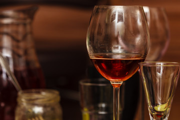 Detailed closeup of glass with wine during dinner