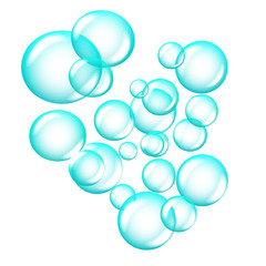 Cloud of bright blue soap bubbles isolated on white background