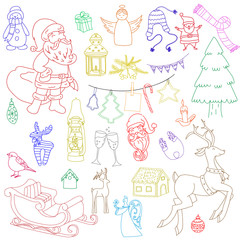 Sketchy vector hand drawn Doodle cartoon set of objects and symbols on the New Year and Christmas theme