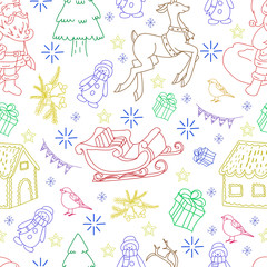 Sketchy seamless pattern vector hand drawn Doodle cartoon set of objects and symbols on the New Year theme.