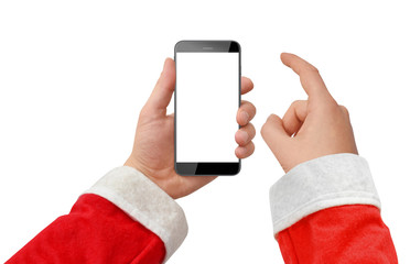 Santa's hand holding and touching black phone with empty screen, isolated on white background