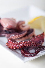 Nahaufnahme der Oktopus-Vorspeise mit einer Zitrone