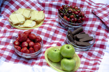 picnic with fruit chocolate and sandwiches on a checkered tablecloth