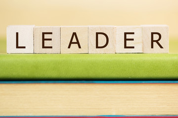 Leader word built with letter cubes on green book 