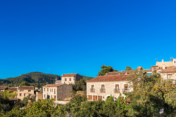 Fototapeta na wymiar View of the buildings in the village Siurana, Tarragona, Catalunya, Spain. Copy space for text.