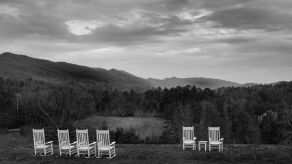 Rocking Chairs Overlooking Mountain Range - 183812616