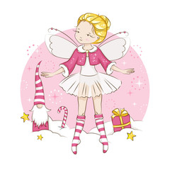 Beautiful little fairy. She's blonde. Princess dancing in a ballerina costume. She is wearing socks with a Christmas pattern  and a red cloak trimmed with fur. Vector on white background.