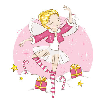 Beautiful little fairy. She's blonde. Princess dancing in a ballerina costume. She is wearing socks with a Christmas pattern  and a red cloak trimmed with fur. Vector on white background.