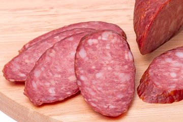 Slices of smoked sausage close up