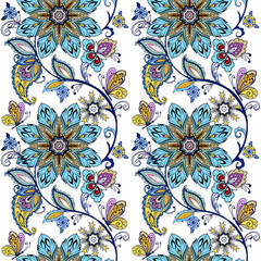 Striped Seamless pattern with fantastic flowers and butterflies. Vintage flowers ornament in blue colors. Floral wallpaper. Decorative ornament for fabric, textile, wrapping paper.