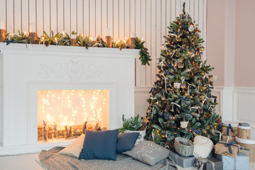 Interior of the room decorated for Christmas eve