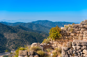 View of the ruins of the castle of Siuran, Tarragona, Catalunya, Spain. Copy space for text.