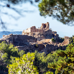 View of the ruins of the castle of Siuran, Tarragona, Catalunya, Spain. Copy space for text.
