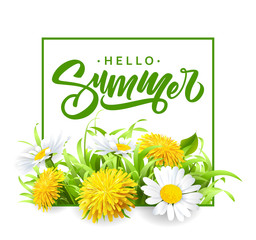 Obraz premium Napisowe lato na tle z letnich kwiatów i traw