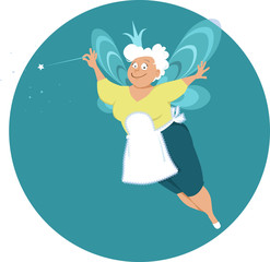 Modern fairy god mother or grandma with wings and magic wand, EPS 8 vector illustration