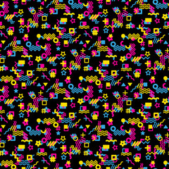 Fototapeta na wymiar Abstract seamless vector pattern for girls, boys, clothes. Creative background with dots, geometric figures Funny wallpaper for textile and fabric. Fashion style. Colorful bright