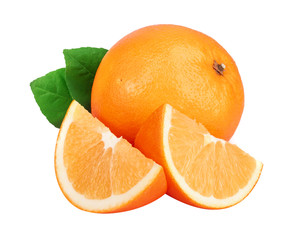 Orange with slice with leafs isolated on the white background