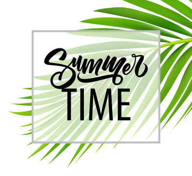 Summer poster with tropical palm leaf . Vector illustration