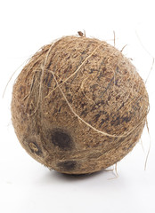 Whole coconut on isolated white studio background. Big old coconut.
