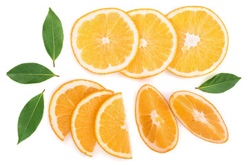 Slices of orange with leaves isolated on white background. Flat lay, top view. Fruit composition