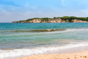 View of the sandy beach in Punta Cana, La Altagracia, Dominican Republic. Copy space for text.