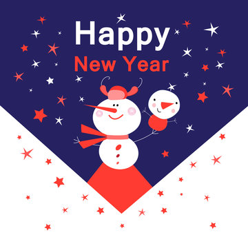 Bright New Year card with snowmen