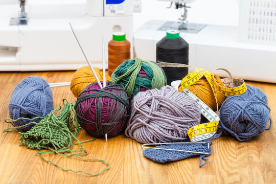 knitting yarn, threads and sewing machines