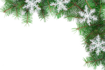 Christmas background decorated with snowflakes isolated on white with copy space for your text. Top view.