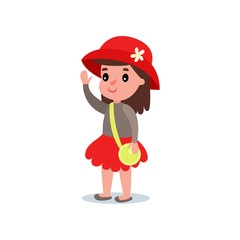 Cartoon girl character in stylish red hat with flower, skirt, sweater and cross body handbag. Cute brunette kid in fashionable casual clothes. Isolated flat vector