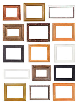 set of little wide wooden picture frames isolated