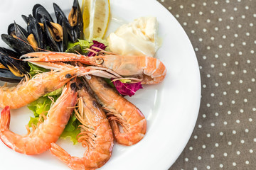 Tasty seafood on plate on table close-up, Siurana, Catalunya, Spain.