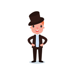 Handsome red-haired kid with freckles in elegant brown suit and top hat. Cartoon boy character standing with arms akimbo. Little gentleman. Flat vector design