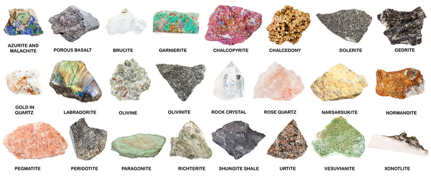 collection of natural mineral specimens with name