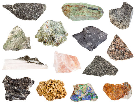 set of various raw stones isolated on white