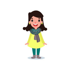 Female character in yellow coat, green pants, striped scarf and boots. Cheerful girl with black hair standing isolated on white. Autumn casual clothing. Flat design vector