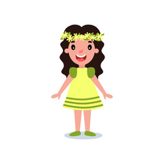 Funny little girl dressed in yellow dress with green stripes. Cartoon child character with flower wreath on head. Spring fashion clothes. Flat vector design