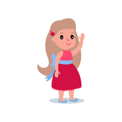 Brunette little girl in beautiful puffy dress with blue bow and red pin in hair. Smiling kid character waving by hand. Clothes for children party. Flat vector design