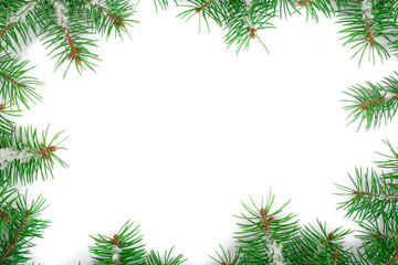 Frame of Fir tree branch with snow isolated on white background with copy space for your text. Top view