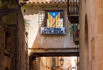 View of building with the flag of Estelada, Tarragona, Catalunya, Spain. Copy space for text.