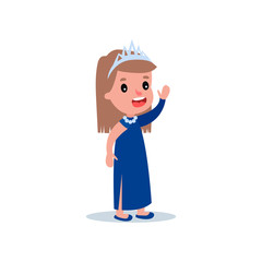 Fashion girl model dressed in beautiful long blue dress and tiara on head. Young lady with cheerful face expression waving by hand. Flat vector design