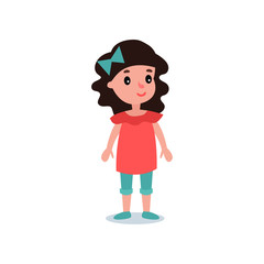 Little preschool kid with black hair posing in casual clothes red blouse, blue shorts and bow. Cartoon girl character. Colorful flat vector design